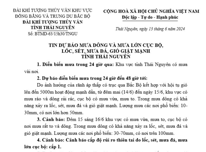 Tin dự báo mưa dông và mưa lớn cục bộ, lốc, sét, mưa đá, gió giật mạnh tỉnh Thái Nguyên