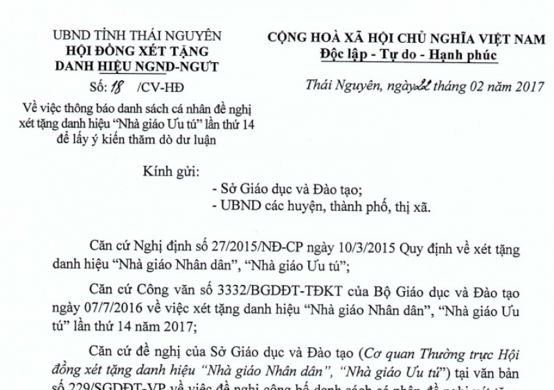 Lấy ý kiến về danh sách cá nhân đề nghị xét tặng danh hiệu "Nhà giáo ưu tú" lần thứ 14