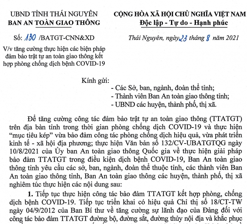 Tăng cường thực hiện các biện pháp đảm bảo trật tự an toàn giao thông kết hợp phòng, chống dịch COVID-19