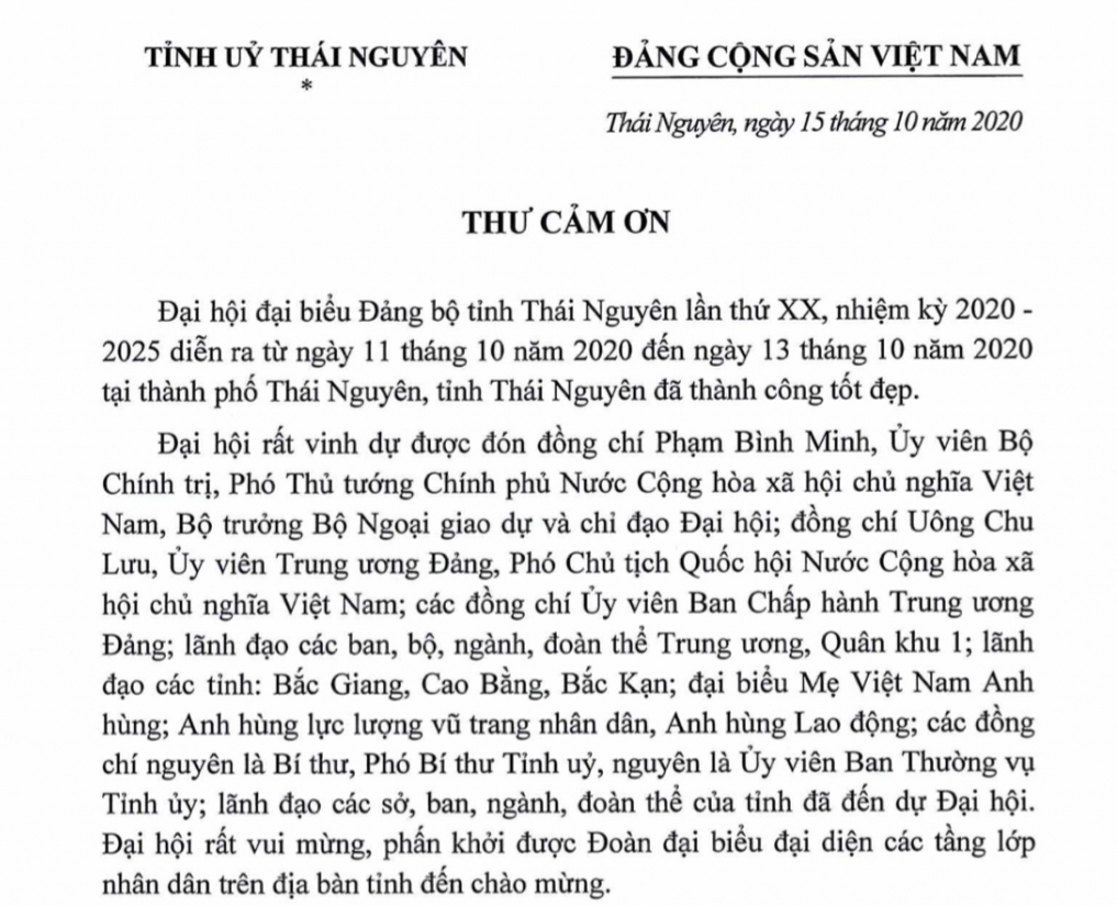 Thư cảm ơn của Ban Chấp hành Đảng bộ tỉnh Thái Nguyên khóa XX