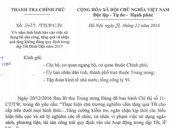 Thanh tra Chính phủ đề nghị nắm bắt việc tặng quà Tết trái quy định