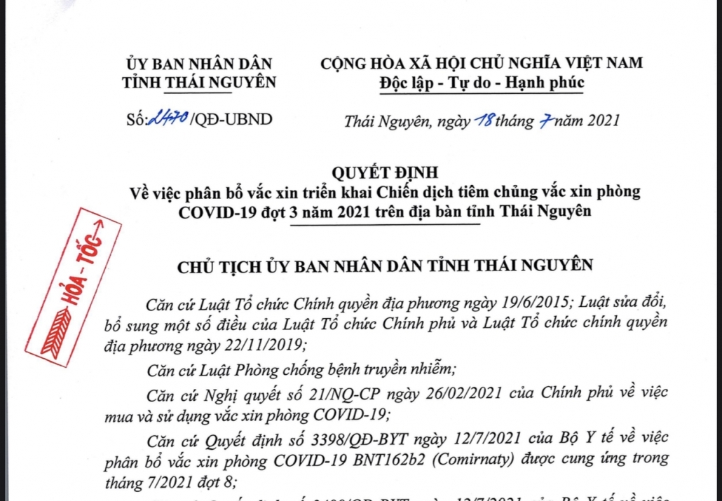 Thái Nguyên: Phân bổ vắc xin, triển khai chiến dịch tiêm chủng vắc xin phòng COVID-19 đợt 3 năm 2021