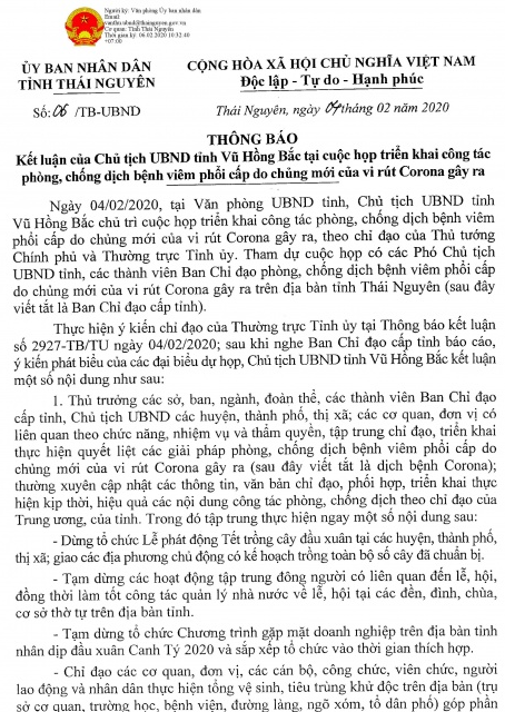 Kết luận của Chủ tịch UBND tỉnh Thái Nguyên về công tác phòng, chống dịch bệnh viêm phổi cấp do chủng mới của virut Corona gây ra