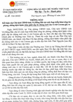 Kết luận của Chủ tịch UBND tỉnh Thái Nguyên về công tác phòng, chống dịch bệnh viêm phổi cấp do chủng mới của virut Corona gây ra