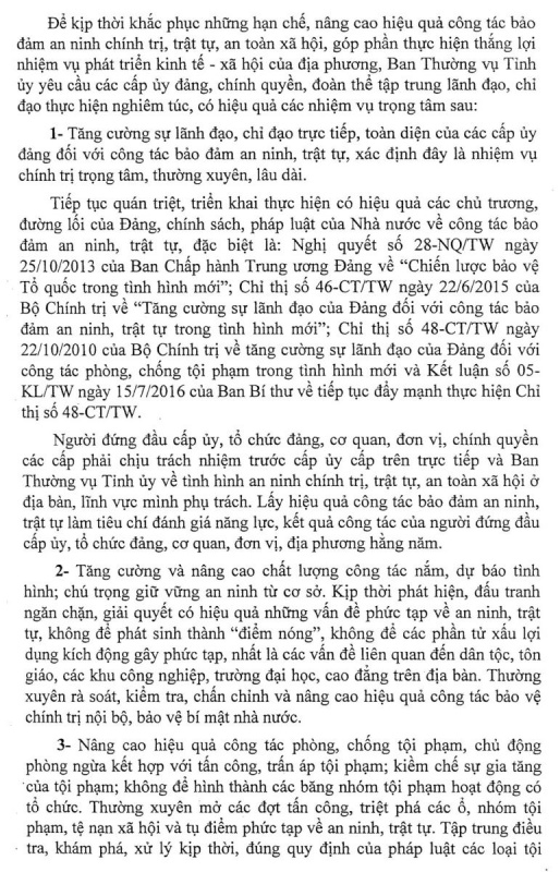 chi thi ve tang cuong su lanh dao cua cac cap uy dang doi voi cong tac bao dam an ninh trat tu tren dia ban tinh thai nguyen