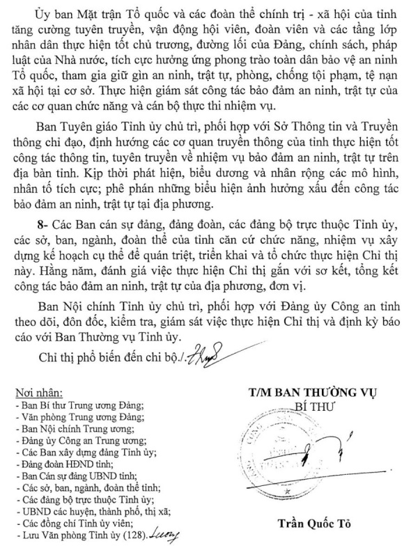 chi thi ve tang cuong su lanh dao cua cac cap uy dang doi voi cong tac bao dam an ninh trat tu tren dia ban tinh thai nguyen