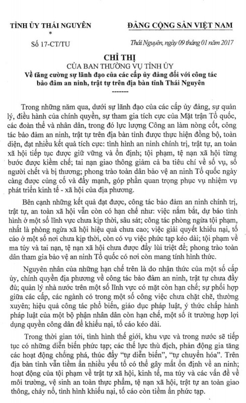 chi thi ve tang cuong su lanh dao cua cac cap uy dang doi voi cong tac bao dam an ninh trat tu tren dia ban tinh thai nguyen