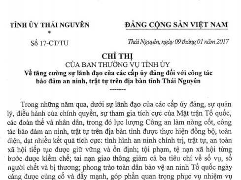 Chỉ thị về tăng cường sự lãnh đạo của các cấp ủy đảng đối với công tác bảo đảm an ninh, trật tự trên địa bàn tỉnh Thái Nguyên