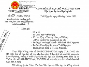 Thái Nguyên: Tiếp tục cho trẻ mầm non, học sinh tiểu học, THCS nghỉ học từ ngày 16/3 đến hết ngày 29/3/2020