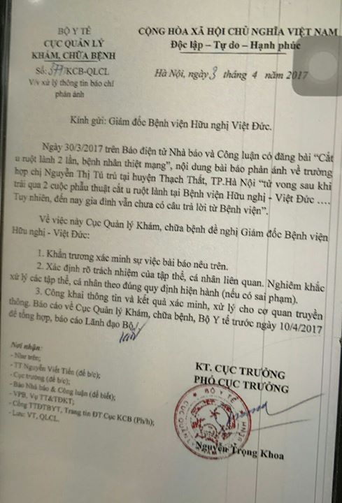 xac minh vu tu vong sau 2 lan mo tai bv viet duc