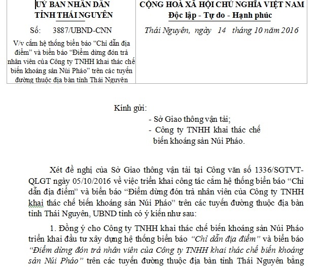 Công văn V/v cắm hệ thống biển báo “Chỉ dẫn địa điểm” và biển báo “Điểm dừng đón trả nhân viên của Công ty TNHH Núi Pháo” trên các tuyến đường thuộc đ