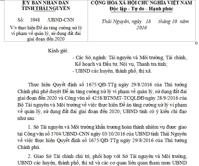 Công văn chỉ đạo thực hiện Đề án tăng cường xử lý vi phạm về quản lý, sử dụng đất đai giai đoạn đến 2020