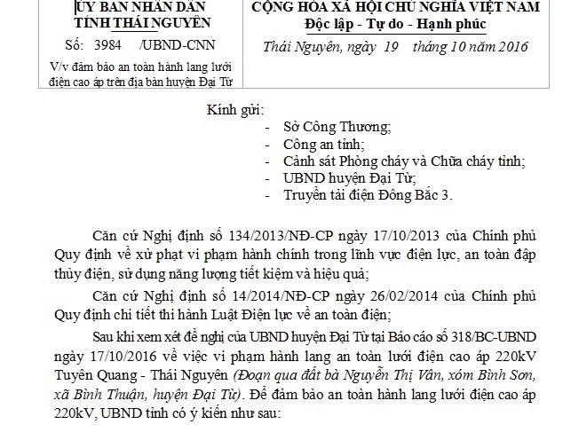 Công văn v/v đảm bảo an toàn hành lang lưới điện cao áp trên địa bàn huyện Đại Từ