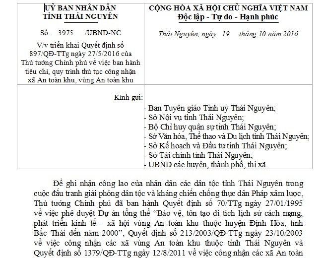 Công văn v/v triển khai Quyết định số 897/QĐ-TTg ngày 27/5/2016 của Thủ tướng Chính phủ về việc ban hành tiêu chí, quy trình thủ tục công nhận xã An t