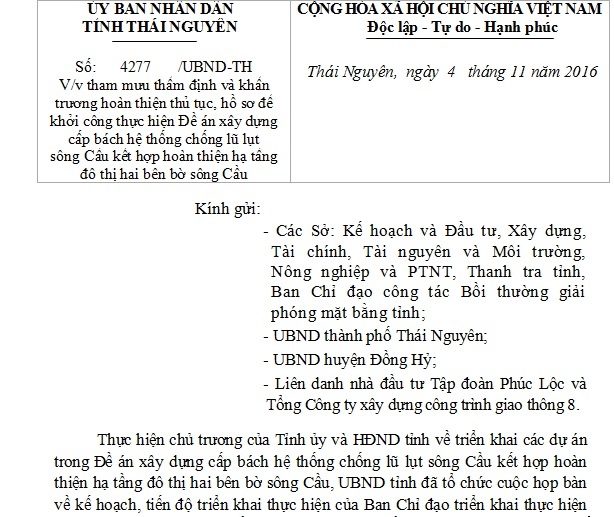 Công văn chỉ đạo hoàn thiện thủ tục, hồ sơ để khởi công thực hiện Đề án xây dựng cấp bách hệ thống chống lũ lụt sông Cầu kết hợp hoàn thiện hạ tầng đô