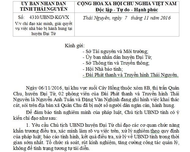 Công văn V/v chỉ đạo xác minh, giải quyết vụ việc nhà báo bị hành hung tại huyện Đại Từ