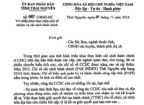 Công văn V/v triển khai thực hiện một số nhiệm vụ cải cách hành chính