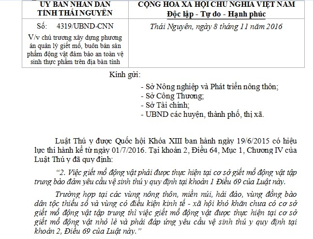 Công văn V/v chủ trương xây dựng phương án quản lý giết mổ, buôn bán sản phẩm động vật đảm bảo an toàn vệ sinh thực phẩm trên địa bàn tỉnh