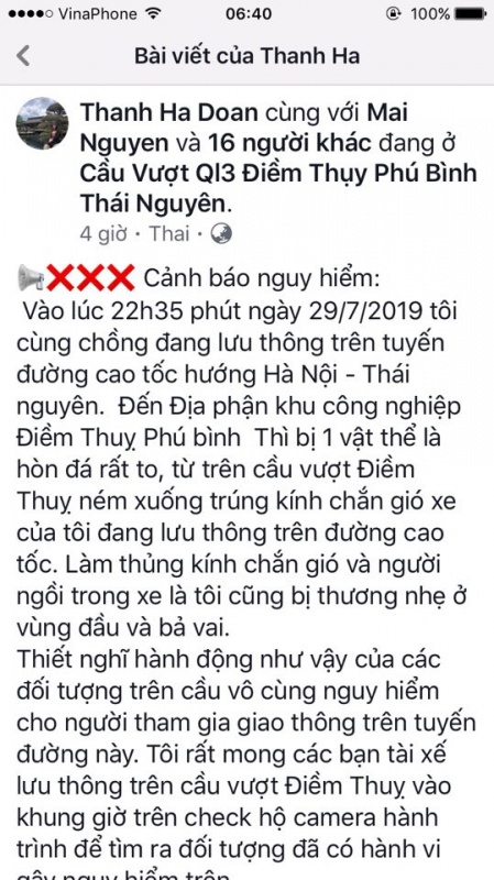 tai dien tinh trang nem da vo kinh xe o to tren cao toc ha noi thai nguyen