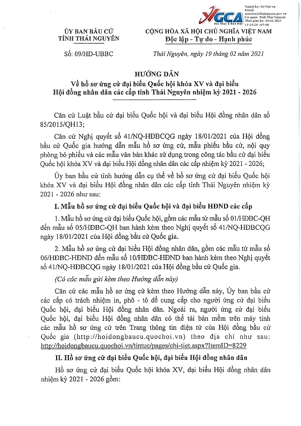 Hướng dẫn về hồ sơ ứng cử ĐBQH khóa XV và đại biểu HĐND các cấp tỉnh Thái Nguyên nhiệm kỳ 2021-2026