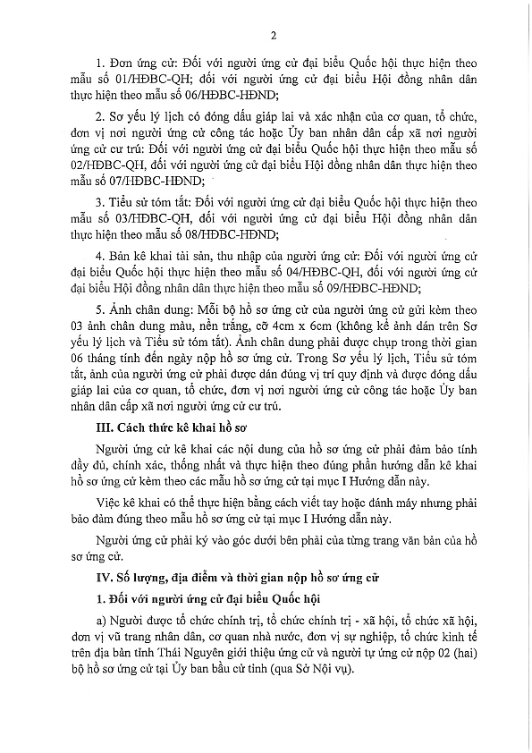 Hướng dẫn về hồ sơ ứng cử ĐBQH khóa XV và đại biểu HĐND các cấp tỉnh Thái Nguyên nhiệm kỳ 2021-2026