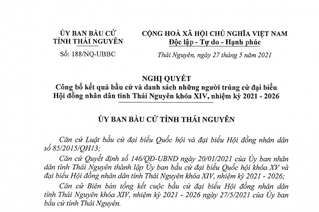 Danh sách 66 đại biểu Hội đồng nhân dân tỉnh Thái Nguyên khóa XIV, nhiệm kỳ 2021-2026