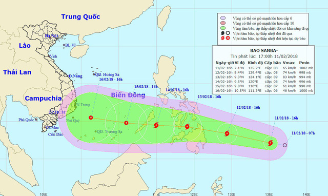 Bão Sanba giật cấp 10 đang hướng vào Biển Đông