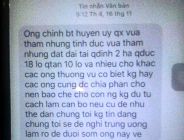 vu huyen uy vien bi bat lo dien tin nhan vu khong lanh dao huyen quang xuong