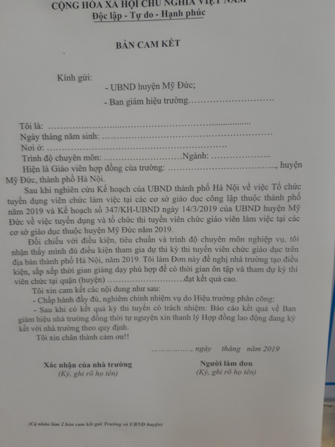 Giáo viên Mỹ Đức “bị ép” ký cam kết tự nguyện nghỉ việc nếu thi trượt