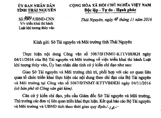 Công văn triển khai thi hành Luật khí tượng thủy văn